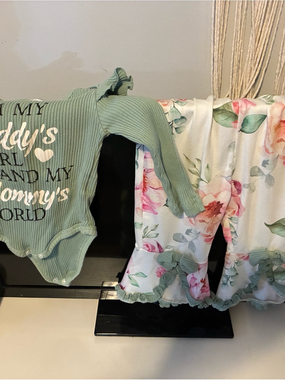 Mint Green Ribbed Baby Bodysuit with Floral Blanket